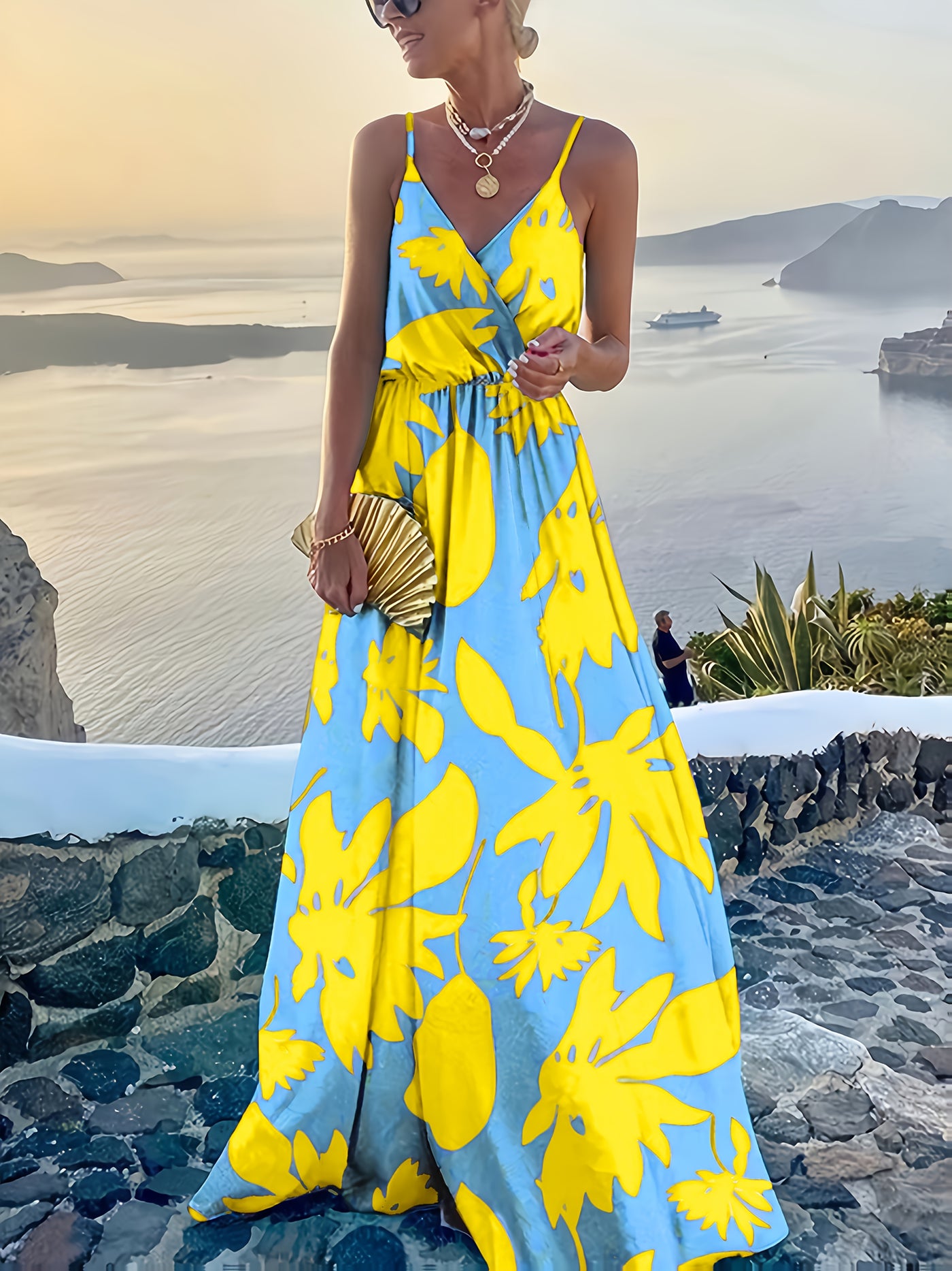 Elegant Floral Print V-Neck Maxi Dress for Women - Sleeveless, Pleated, Light Blue with Pink Floral Pattern, Perfect for Spring/Summer Vacations, Beach Attire|Vneck Elegance|Polyester Fabric, Cute Dresses