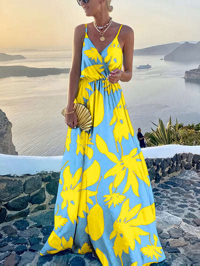 Elegant Floral Print V-Neck Maxi Dress for Women - Sleeveless, Pleated, Light Blue with Pink Floral Pattern, Perfect for Spring/Summer Vacations, Beach Attire|Vneck Elegance|Polyester Fabric, Cute Dresses