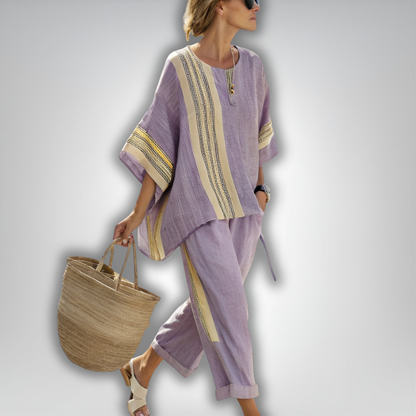 Zoé™ | Ensemble ample à rayures ethniques en lin et bambou