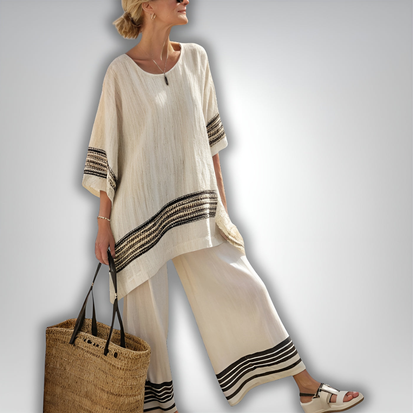 Zoé™ | Ensemble ample à rayures ethniques en lin et bambou