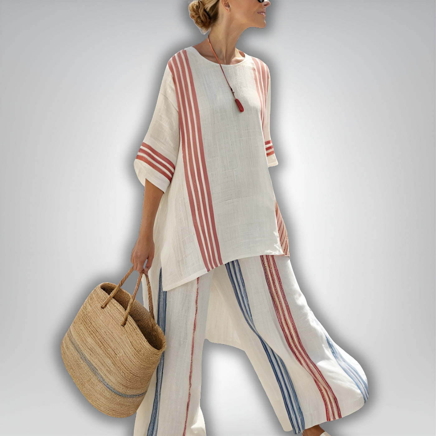 Zoé™ | Ensemble ample à rayures ethniques en lin et bambou
