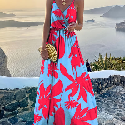 Elegant Floral Print V-Neck Maxi Dress for Women - Sleeveless, Pleated, Light Blue with Pink Floral Pattern, Perfect for Spring/Summer Vacations, Beach Attire|Vneck Elegance|Polyester Fabric, Cute Dresses