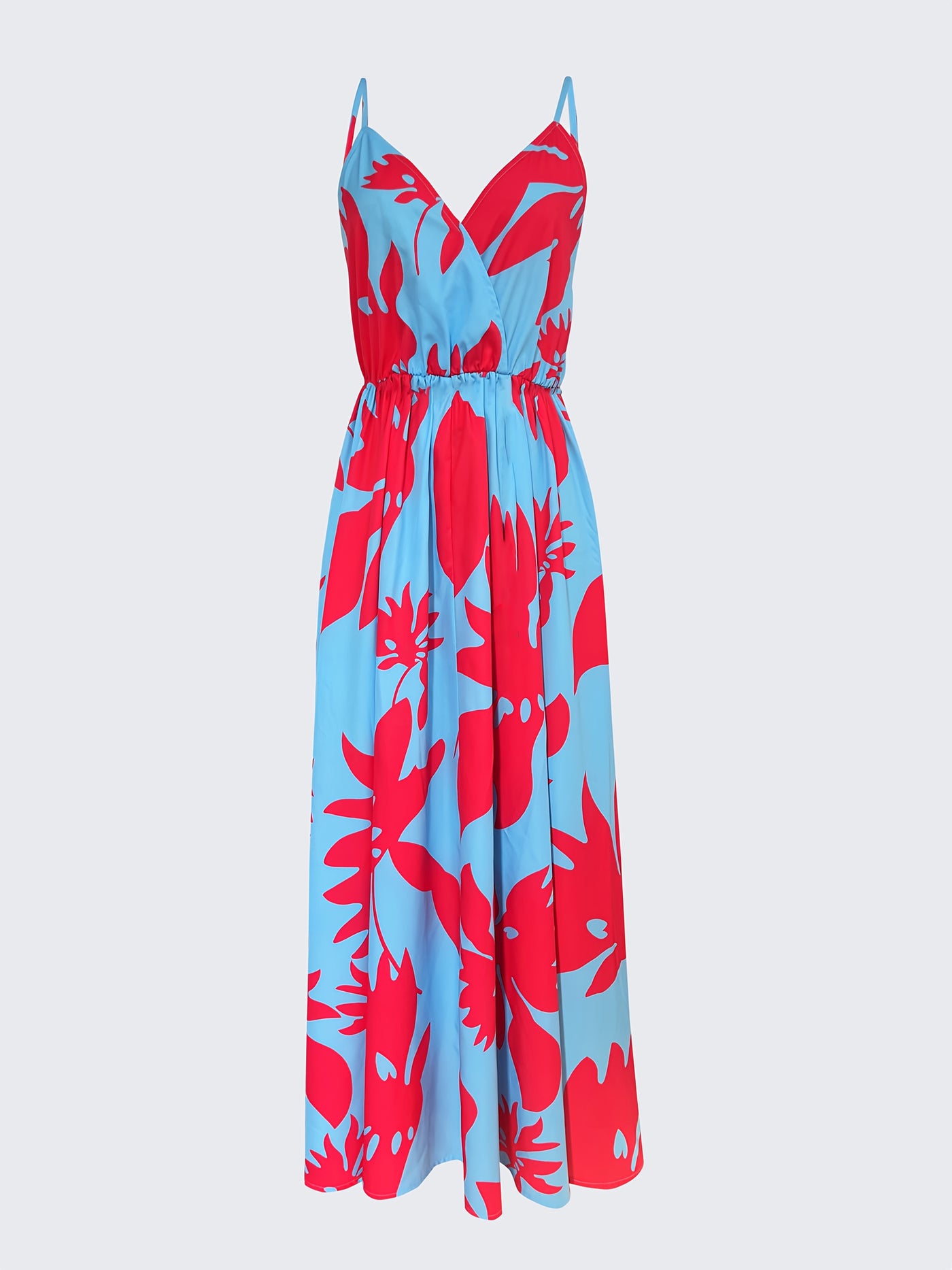 Elegant Floral Print V-Neck Maxi Dress for Women - Sleeveless, Pleated, Light Blue with Pink Floral Pattern, Perfect for Spring/Summer Vacations, Beach Attire|Vneck Elegance|Polyester Fabric, Cute Dresses