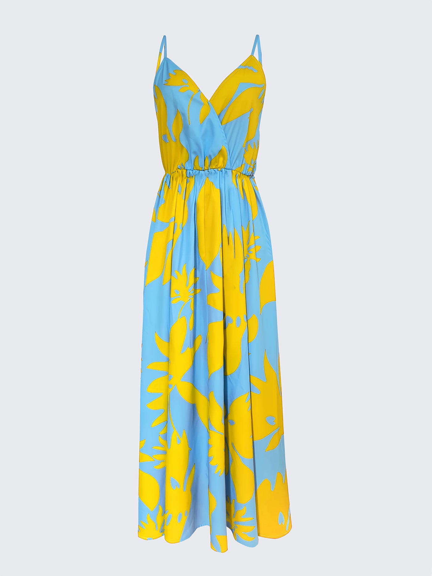 Elegant Floral Print V-Neck Maxi Dress for Women - Sleeveless, Pleated, Light Blue with Pink Floral Pattern, Perfect for Spring/Summer Vacations, Beach Attire|Vneck Elegance|Polyester Fabric, Cute Dresses