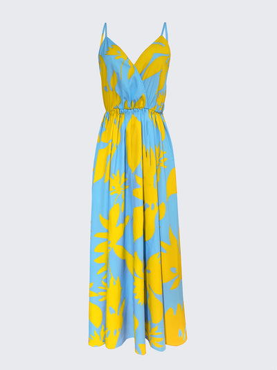 Elegant Floral Print V-Neck Maxi Dress for Women - Sleeveless, Pleated, Light Blue with Pink Floral Pattern, Perfect for Spring/Summer Vacations, Beach Attire|Vneck Elegance|Polyester Fabric, Cute Dresses