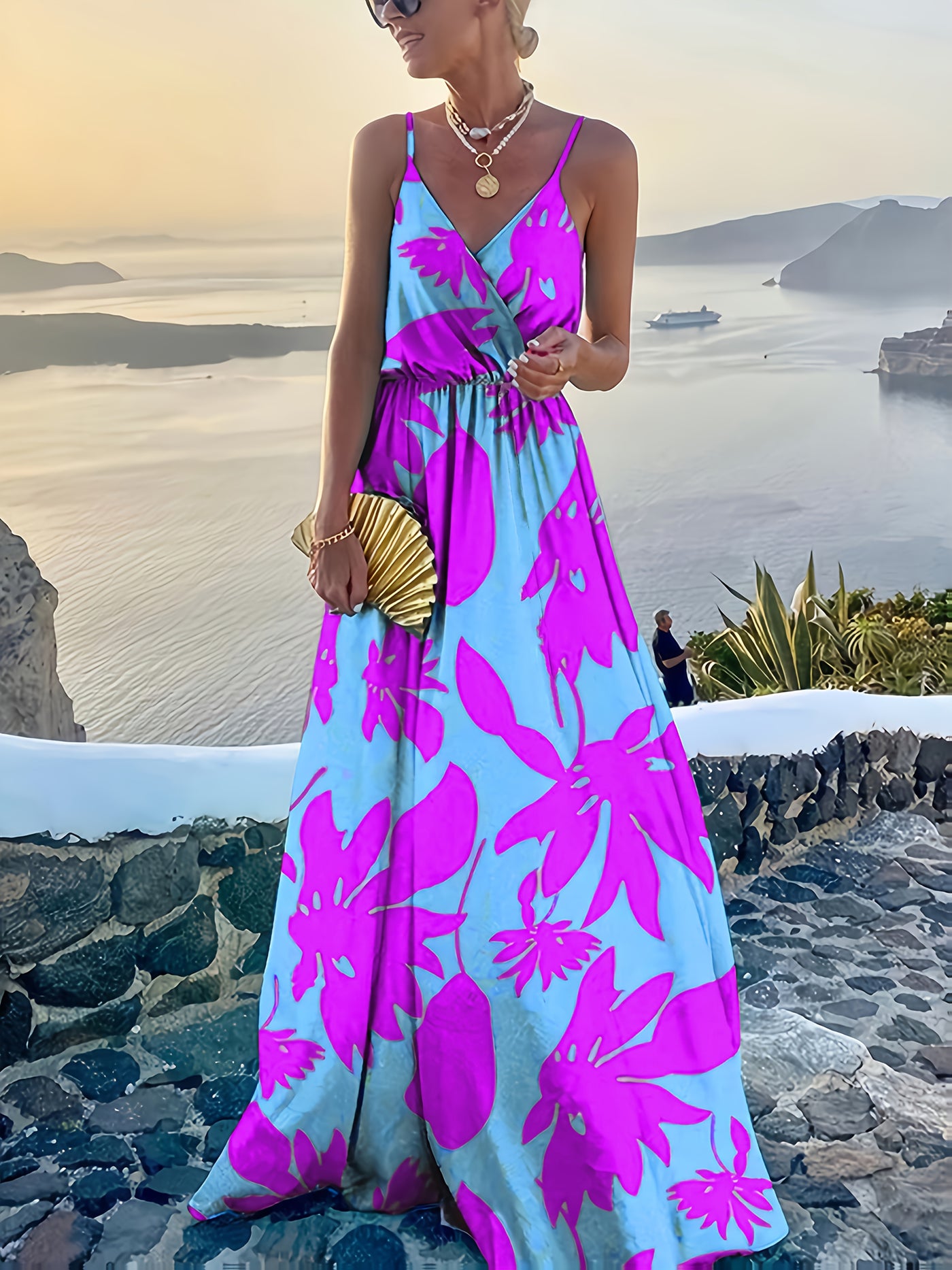 Elegant Floral Print V-Neck Maxi Dress for Women - Sleeveless, Pleated, Light Blue with Pink Floral Pattern, Perfect for Spring/Summer Vacations, Beach Attire|Vneck Elegance|Polyester Fabric, Cute Dresses