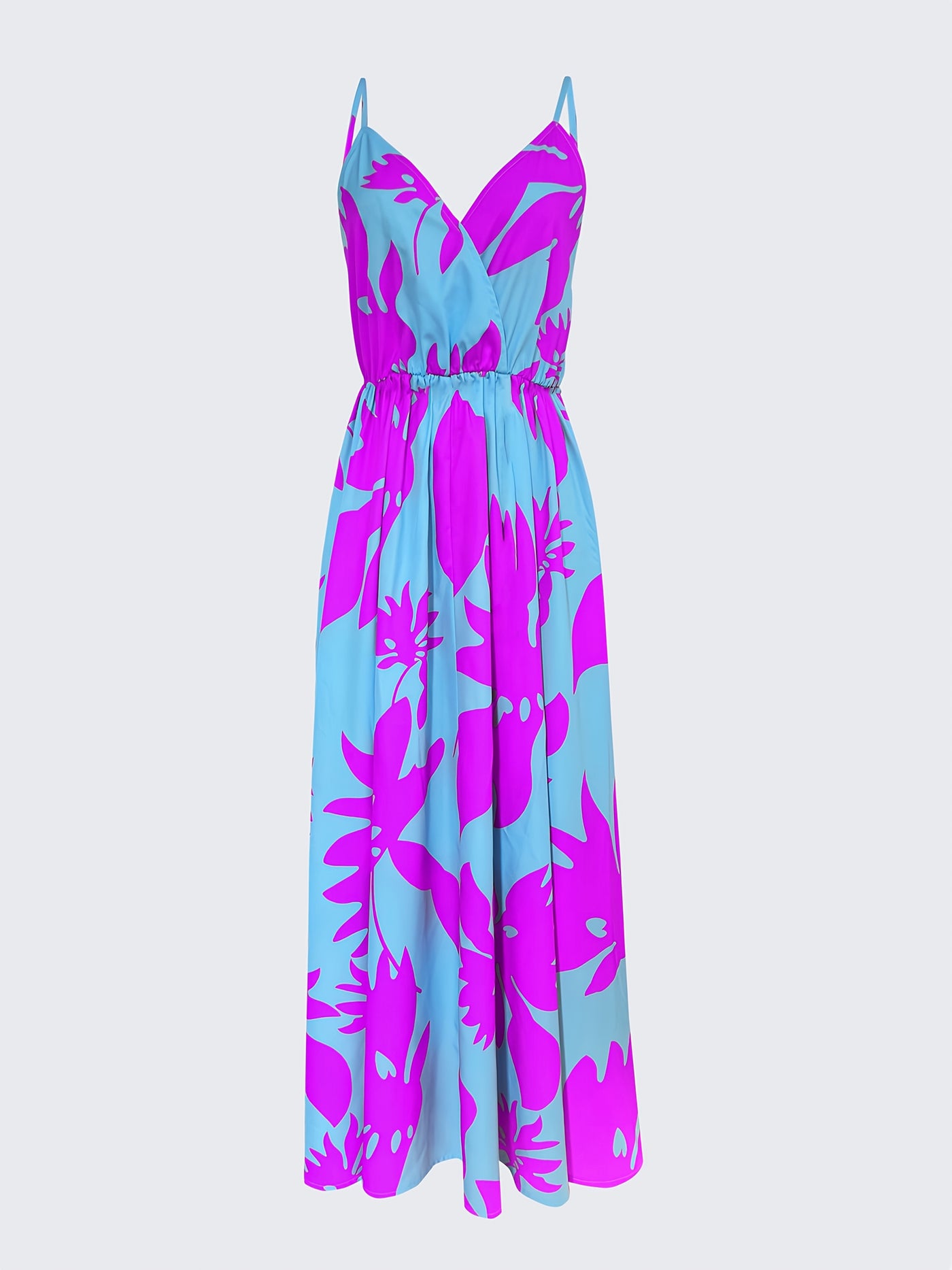 Elegant Floral Print V-Neck Maxi Dress for Women - Sleeveless, Pleated, Light Blue with Pink Floral Pattern, Perfect for Spring/Summer Vacations, Beach Attire|Vneck Elegance|Polyester Fabric, Cute Dresses