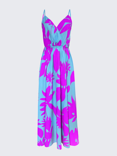 Elegant Floral Print V-Neck Maxi Dress for Women - Sleeveless, Pleated, Light Blue with Pink Floral Pattern, Perfect for Spring/Summer Vacations, Beach Attire|Vneck Elegance|Polyester Fabric, Cute Dresses