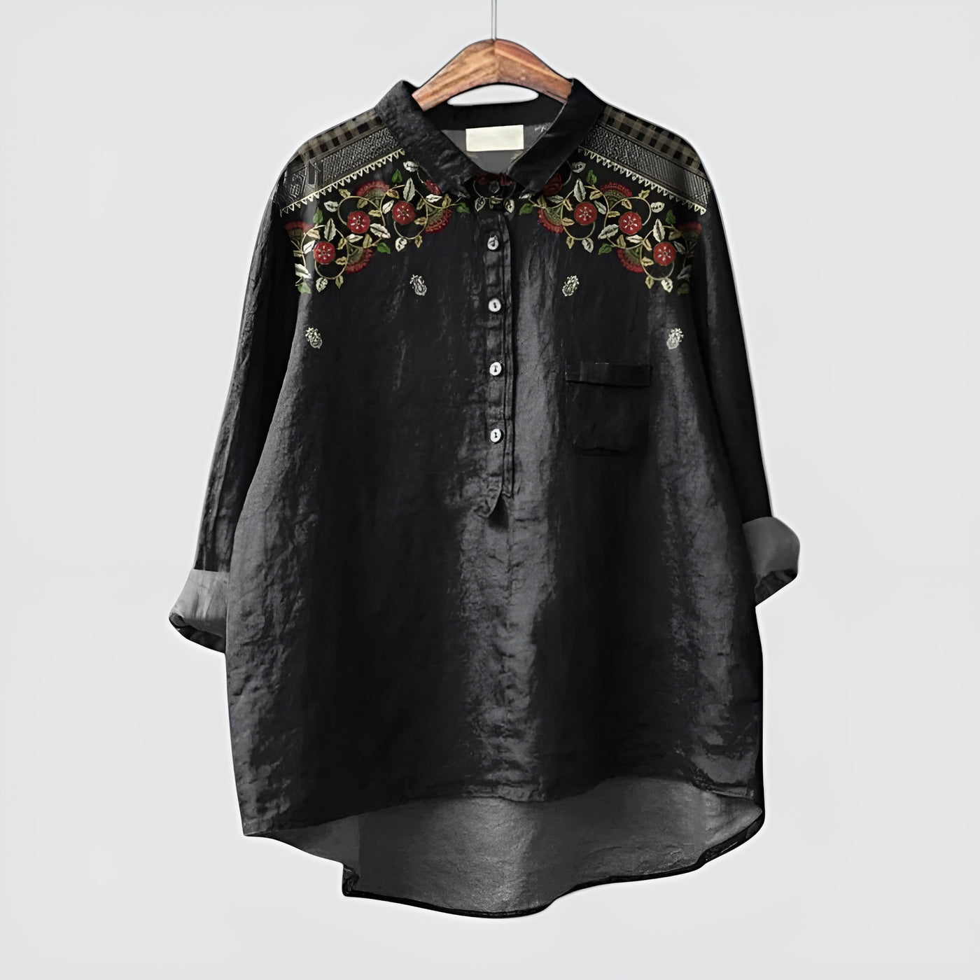 Estelle™ | Chemise noire oversize avec broderie florale
