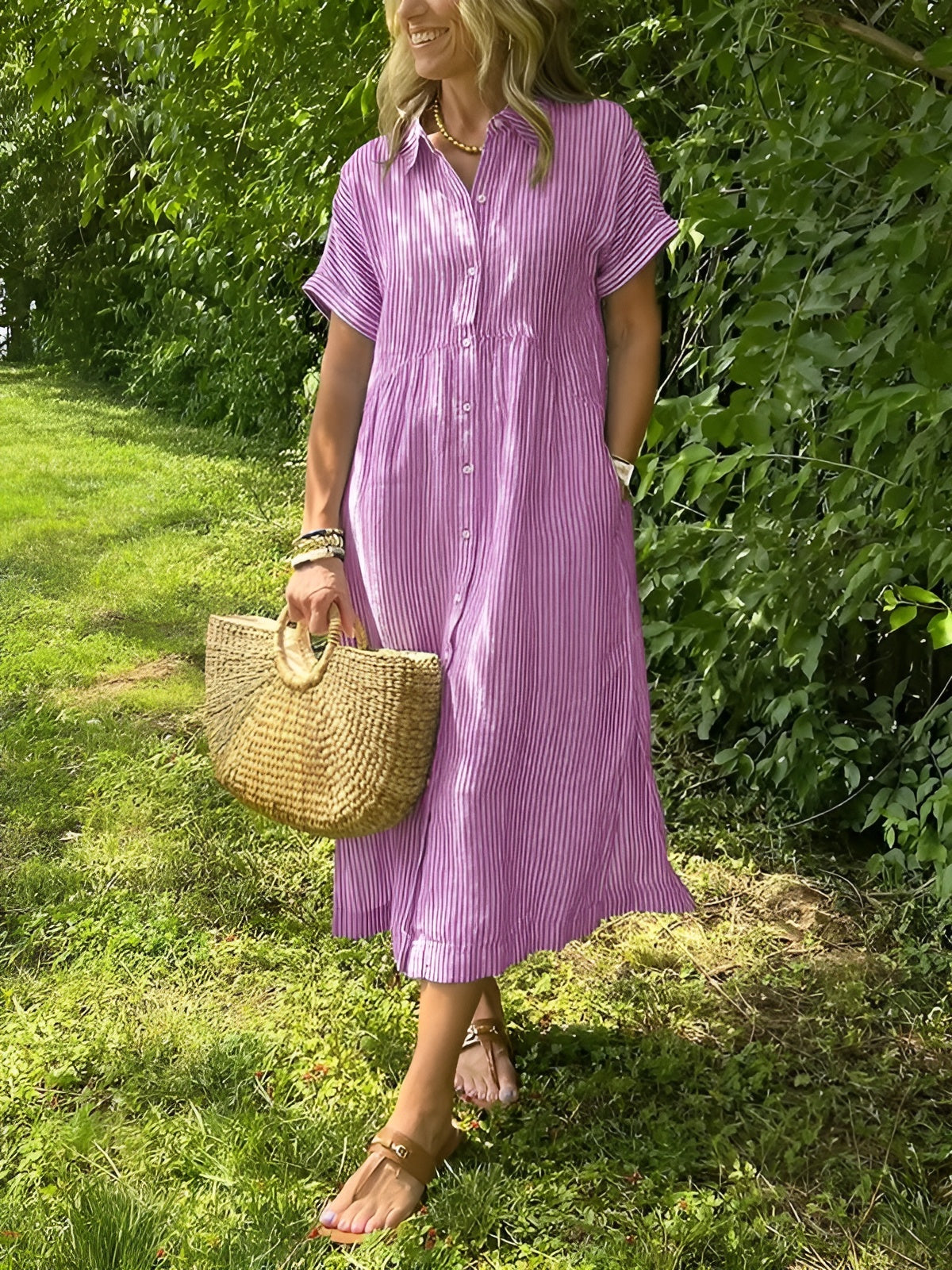Auralie™ | Robe Chemise Rayée à Coupe Décontractée avec Poches Latérales