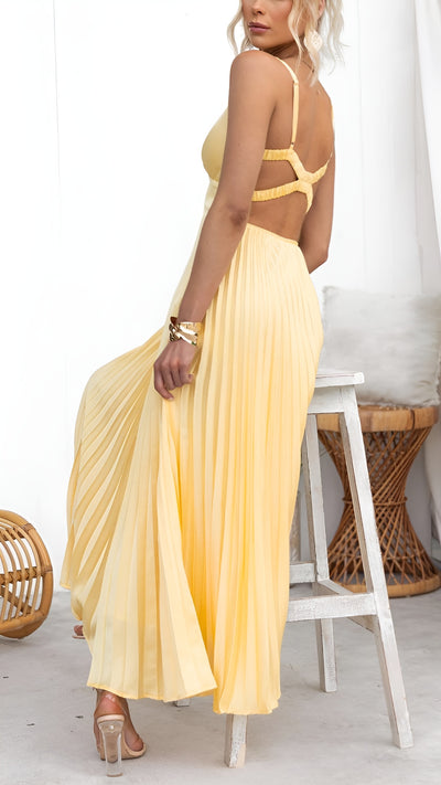Océane™ | Robe longue plissée jaune à col en V