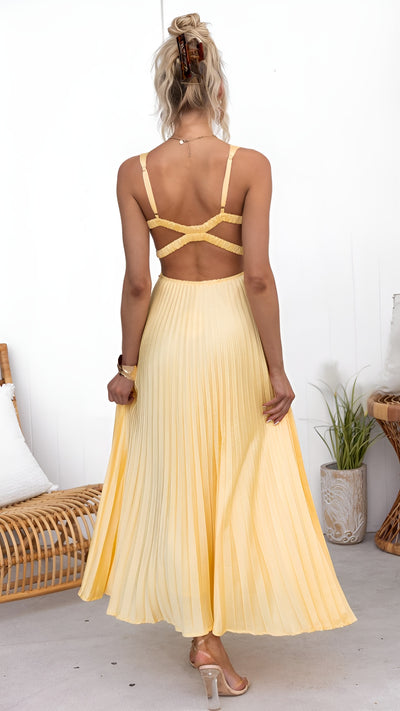 Océane™ | Robe longue plissée jaune à col en V