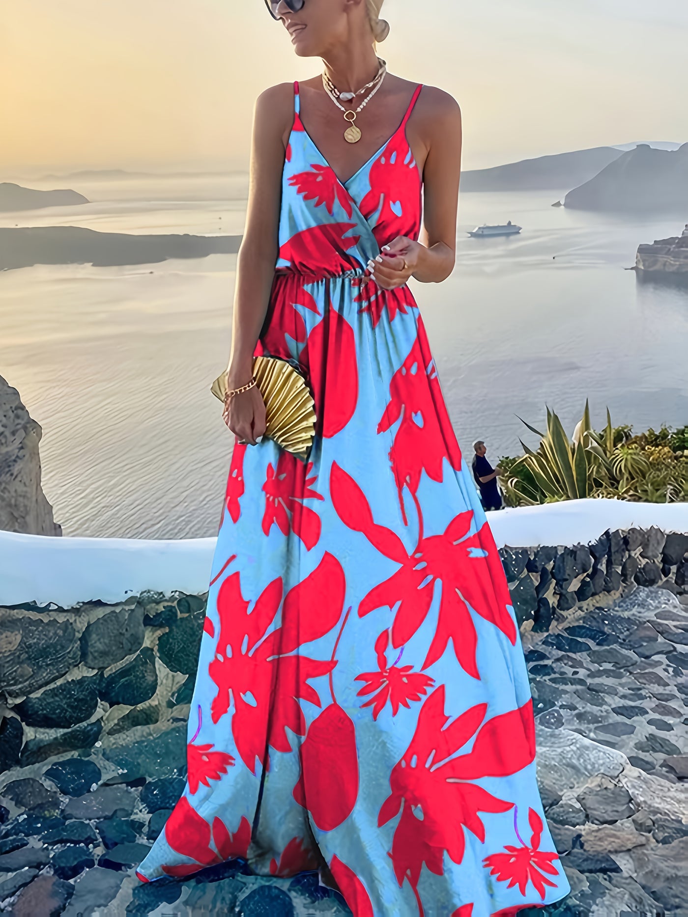 Elegant Floral Print V-Neck Maxi Dress for Women - Sleeveless, Pleated, Light Blue with Pink Floral Pattern, Perfect for Spring/Summer Vacations, Beach Attire|Vneck Elegance|Polyester Fabric, Cute Dresses