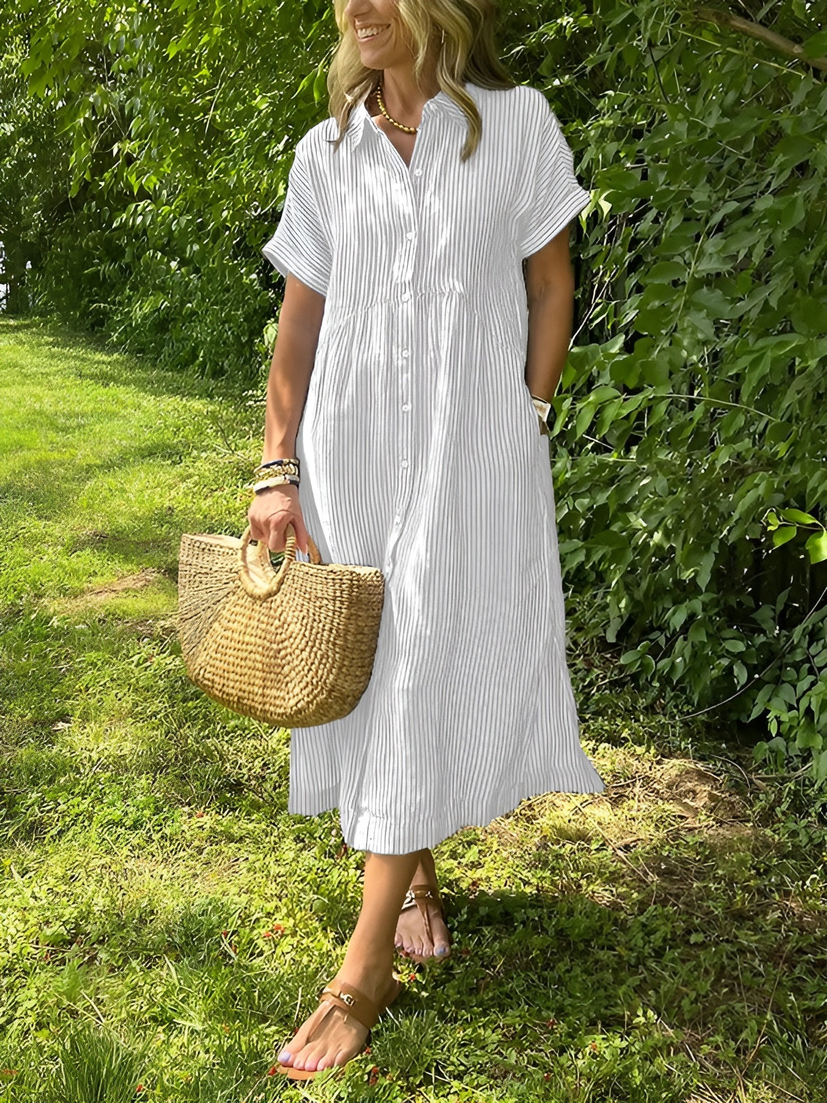 Auralie™ | Robe Chemise Rayée à Coupe Décontractée avec Poches Latérales