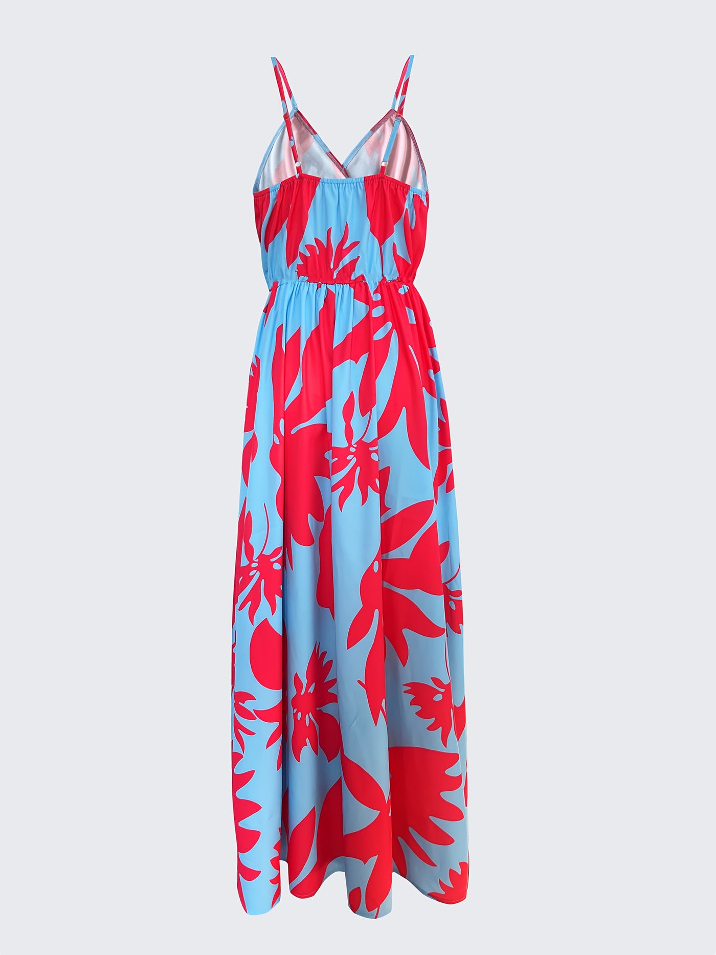 Elegant Floral Print V-Neck Maxi Dress for Women - Sleeveless, Pleated, Light Blue with Pink Floral Pattern, Perfect for Spring/Summer Vacations, Beach Attire|Vneck Elegance|Polyester Fabric, Cute Dresses