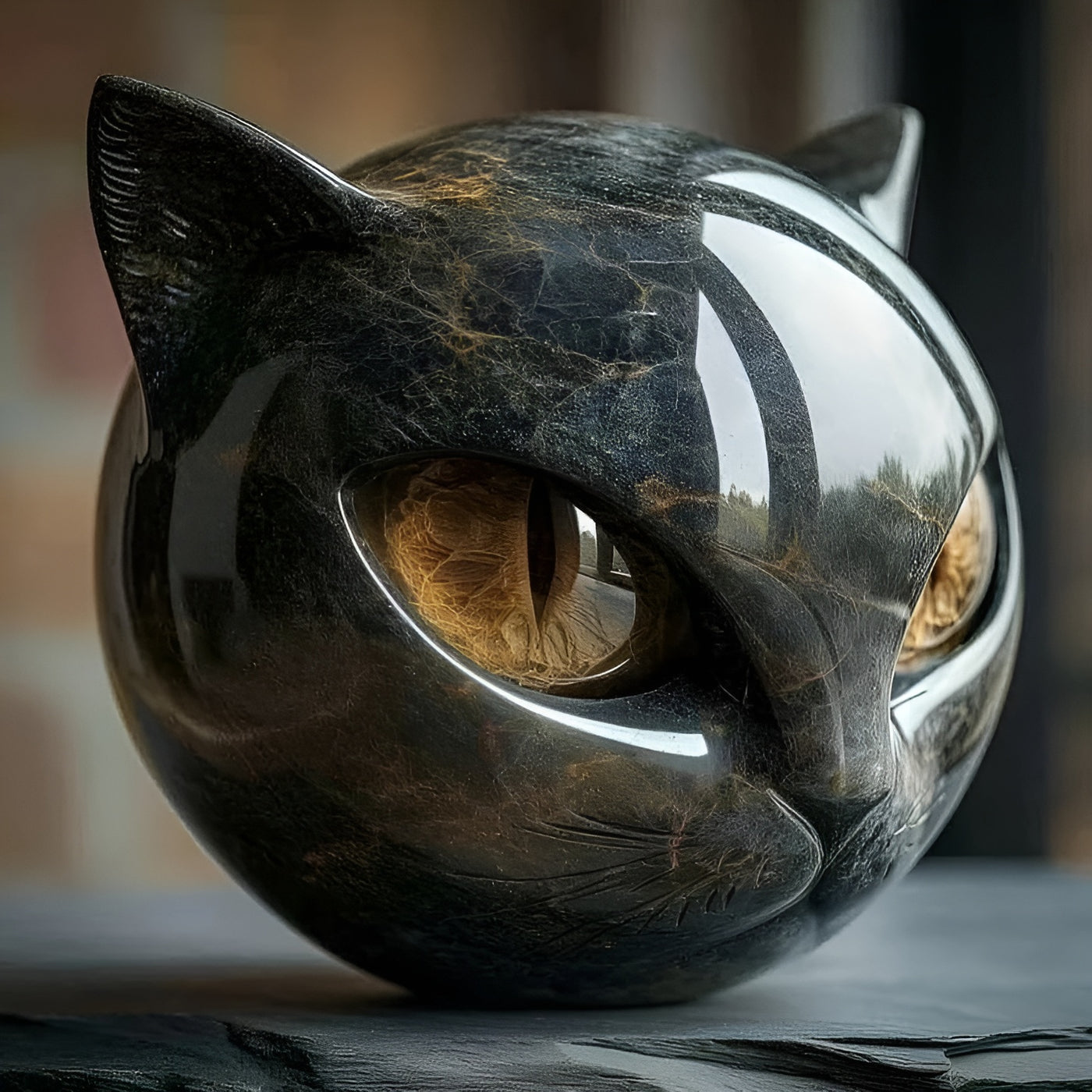 Sabine™ | Sculpture mystique de tête de chat noir