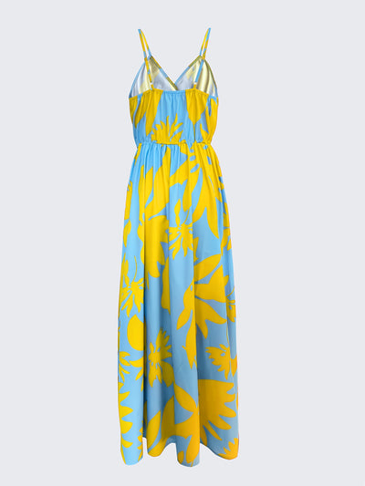Elegant Floral Print V-Neck Maxi Dress for Women - Sleeveless, Pleated, Light Blue with Pink Floral Pattern, Perfect for Spring/Summer Vacations, Beach Attire|Vneck Elegance|Polyester Fabric, Cute Dresses
