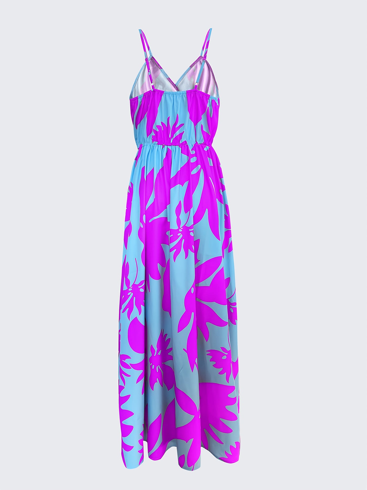 Elegant Floral Print V-Neck Maxi Dress for Women - Sleeveless, Pleated, Light Blue with Pink Floral Pattern, Perfect for Spring/Summer Vacations, Beach Attire|Vneck Elegance|Polyester Fabric, Cute Dresses