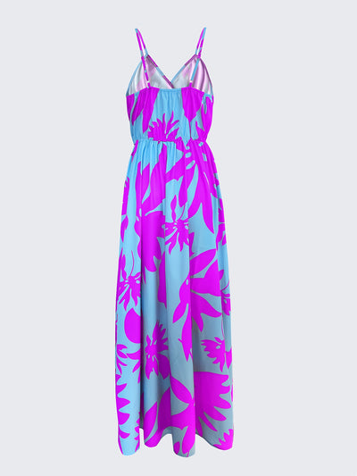 Elegant Floral Print V-Neck Maxi Dress for Women - Sleeveless, Pleated, Light Blue with Pink Floral Pattern, Perfect for Spring/Summer Vacations, Beach Attire|Vneck Elegance|Polyester Fabric, Cute Dresses