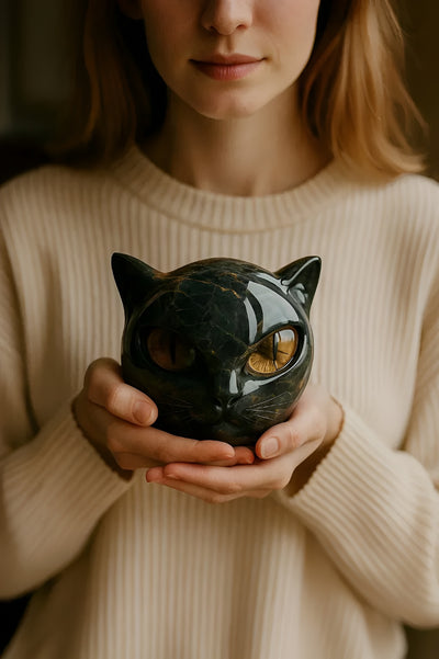 Sabine™ | Sculpture mystique de tête de chat noir
