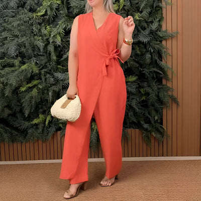 Énora™ | Combinaison Élégante à Col en V avec Ceinture Nœud