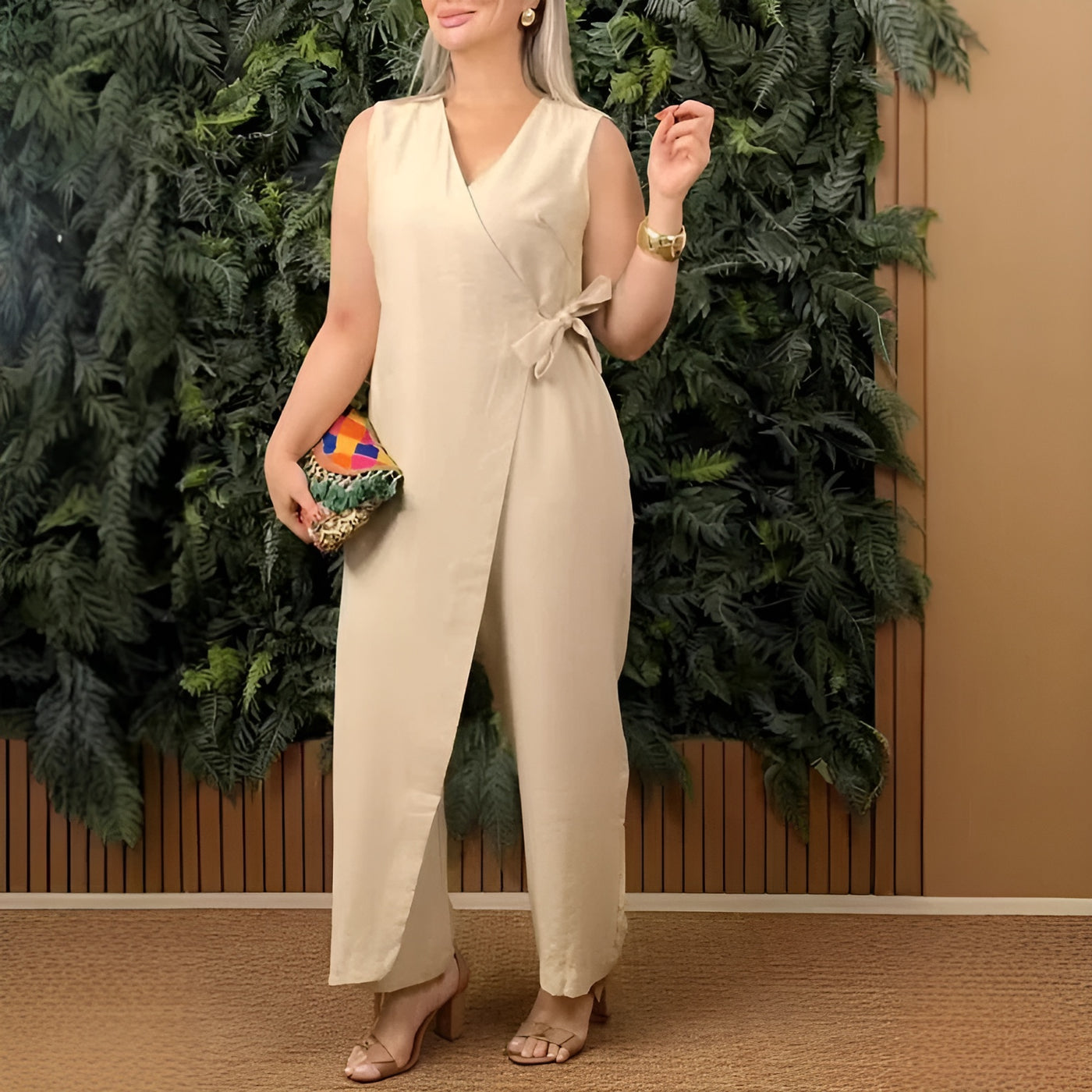 Énora™ | Combinaison Élégante à Col en V avec Ceinture Nœud